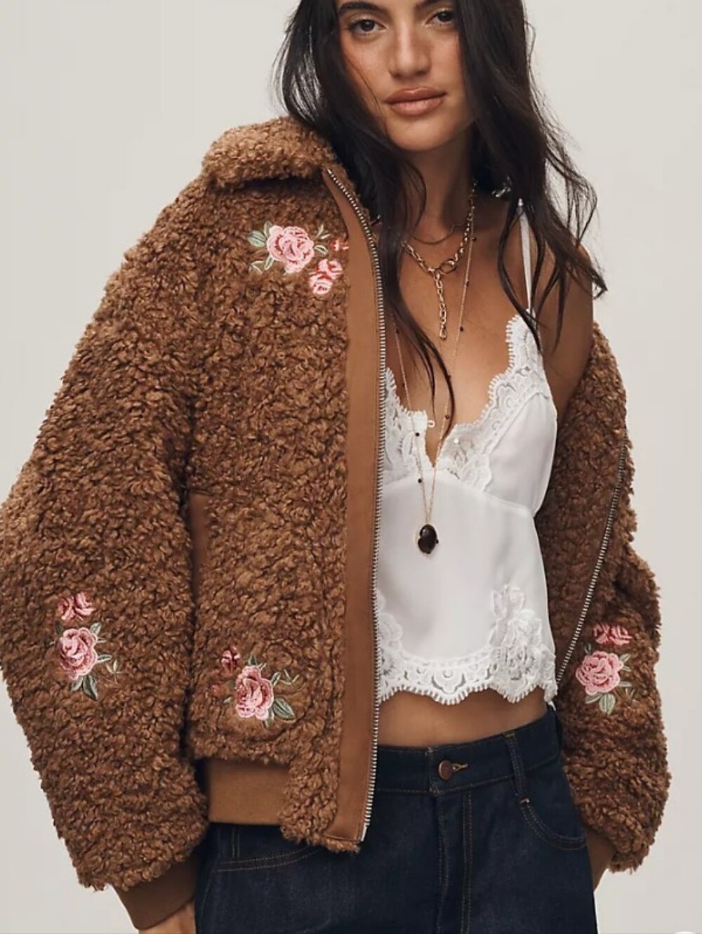 Anthrpologie Embroidered Floral Sherpa Feminine Bomber Jacket in Brown